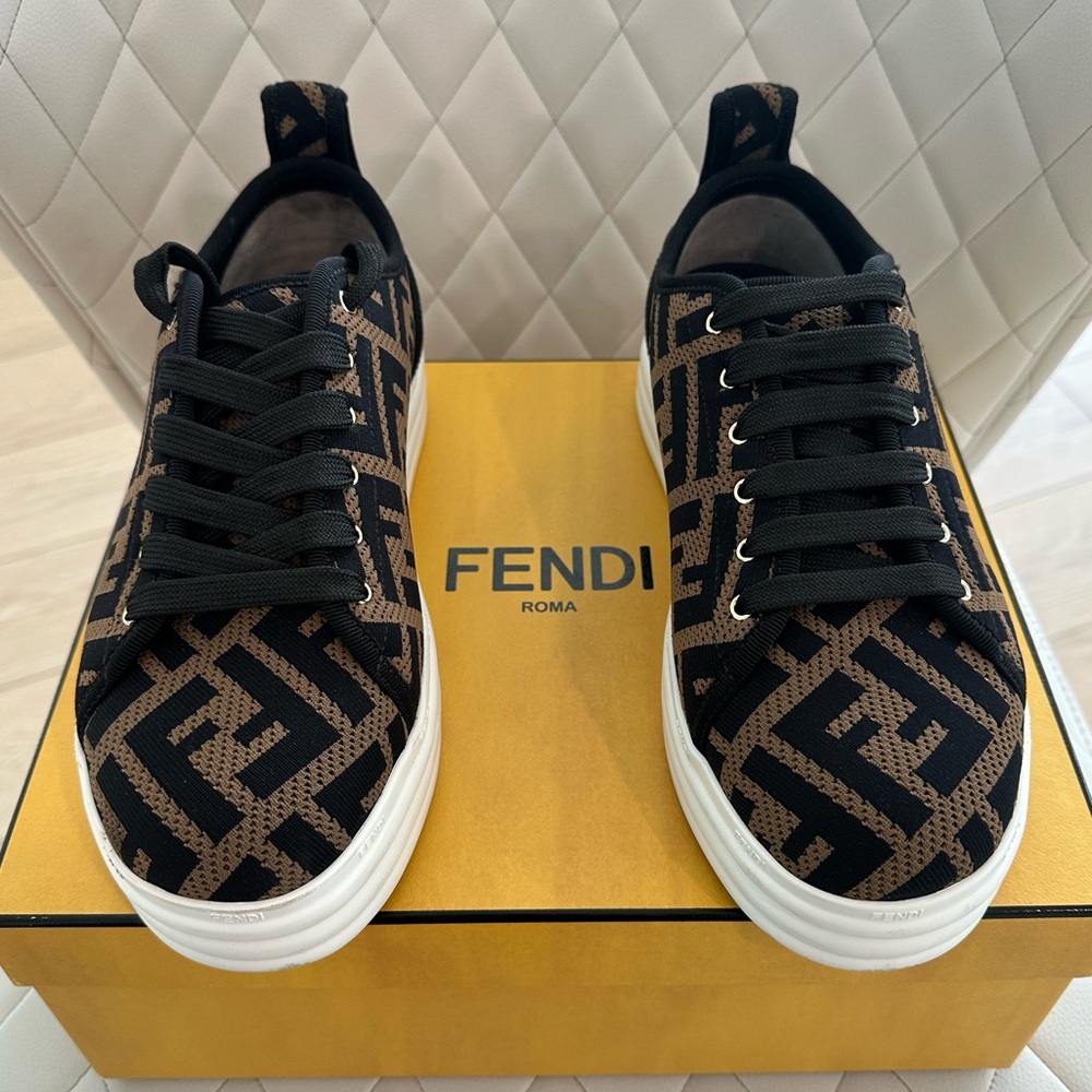 Authentic FENDI Fabric FF Micro-Perforated Low Top Sneakers EU 37 Tobacco/Black.